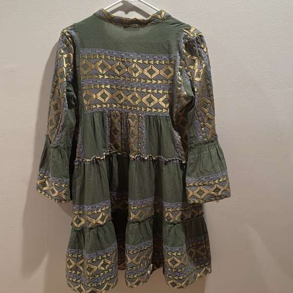 Anthropologie Lace the Label Green and Gold Mini Dress with Bell Sleeves XS - Picture 6 of 6